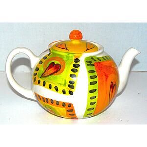 Vintage Hand-Painted Ceramic Teapot w Lid Colorful Heart Design Italy